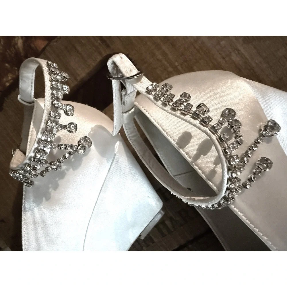 Ivory Bridal Wedges Crystal Rhinestone Anklet Strap Jeweled Wedding Heels 3in